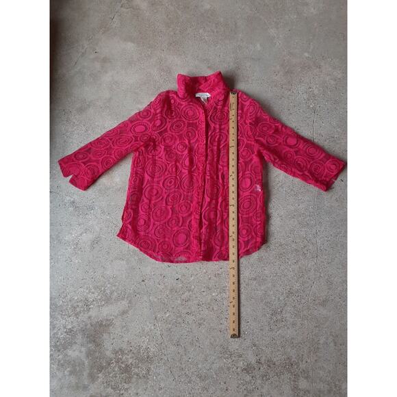 C.l.o.t.h.e.s. Blouse Red Size L Womens Long Sleeve Sheer Collared Burn Out - Picture 8 of 13